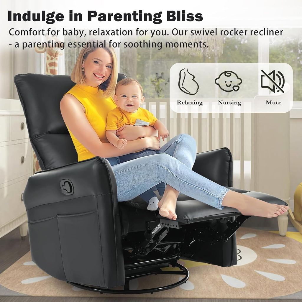 cinkehome Overstuffed Swivel Glider Recliner, Manual Swivel Rocking Recliner, Faux Leather Rocker Recliner Chair, Side Pockets, Black