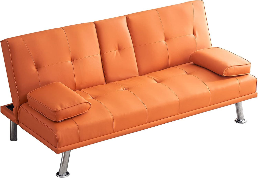 70' Futon Sofa Bed,Multifunctional Convertible Folding Futon Sofa Bed with Coffee Table, 3 Adjustable Reclining Sleeper Sofa, Small Leather Couch for Living Room/Bedroom Small Spaces (Orange)