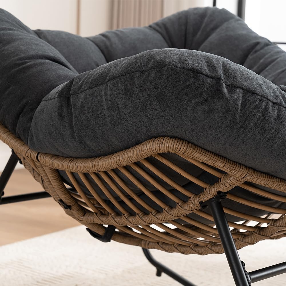 Outdoor Papasan Chair, Oversized Rocking Chair with Cushion and Metal Frame, Patio Lounge Rocking Chair for Balcony Backyard Porch Bedroom Living Room (Black)