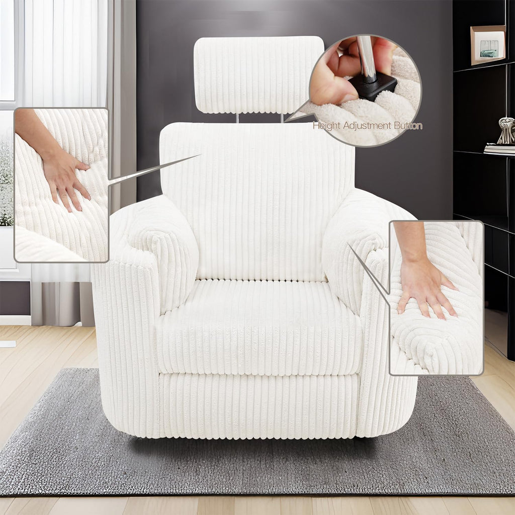 Zenosyne Power Swivel Recliner Rocking Chair Nursery Glider Rocker with Headrest, USB and Type-c Port, Corduroy Electric Reclining Sofa Chair Arm Chair for Living Room (White-2)