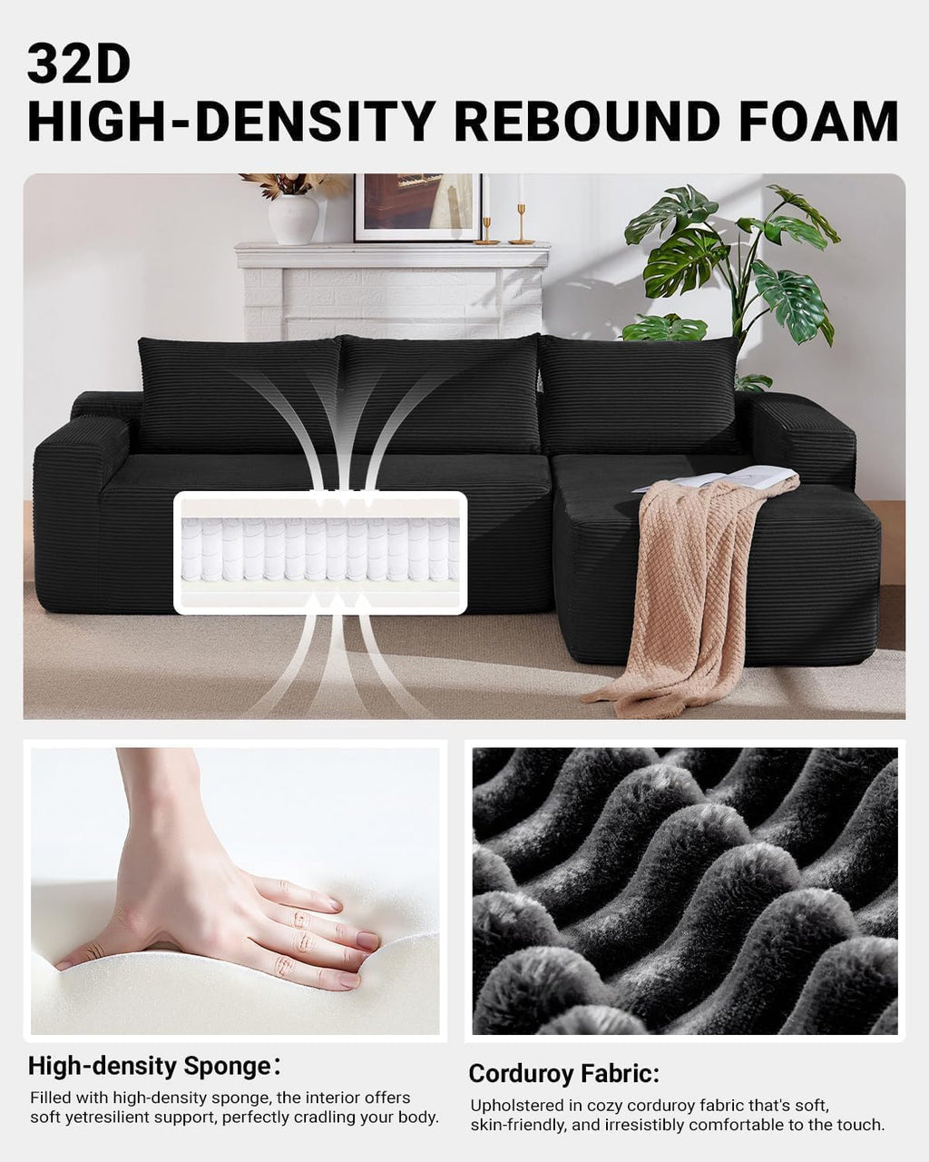 97' Cloud Couch Sectional, L Shaped Boneless Couch Sectional Couches for Living Room, Modern Comfy Corduroy Fluffy Modular Sofa with Deep Seat, No Assembly (Black, Right Facing Chaise)