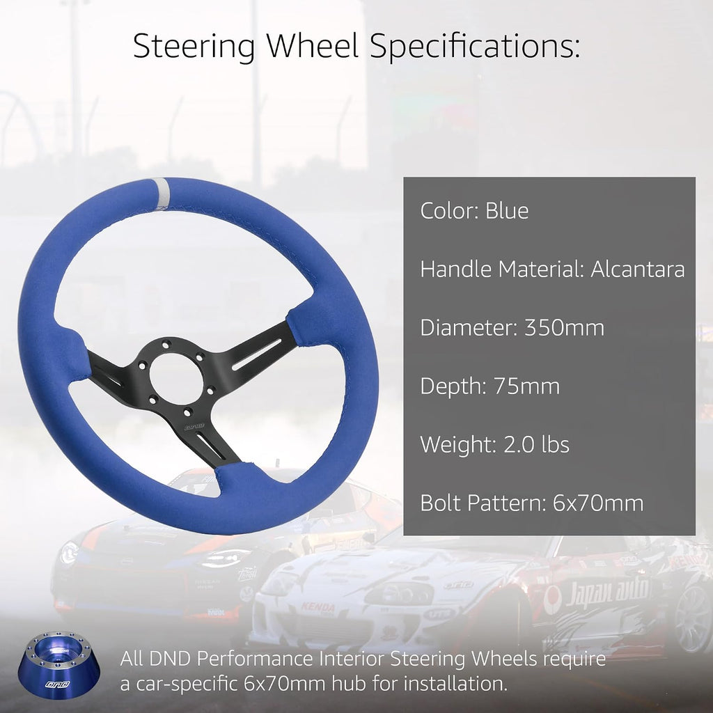 DND Performance Interior's Full Color Suede Race Wheel / 350mm Diameter and 75mm Depth / 6x70mm Bolt Pattern/Suede Racing Steering Wheel with Horn Button Included (Blue)