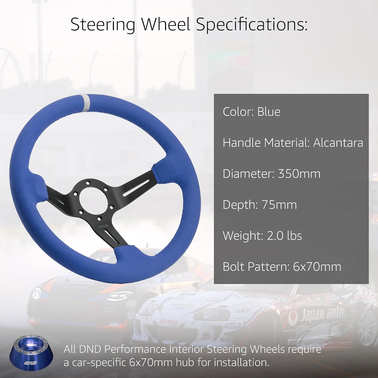 DND Performance Interior's Full Color Suede Race Wheel / 350mm Diameter and 75mm Depth / 6x70mm Bolt Pattern/Suede Racing Steering Wheel with Horn Button Included (Blue)