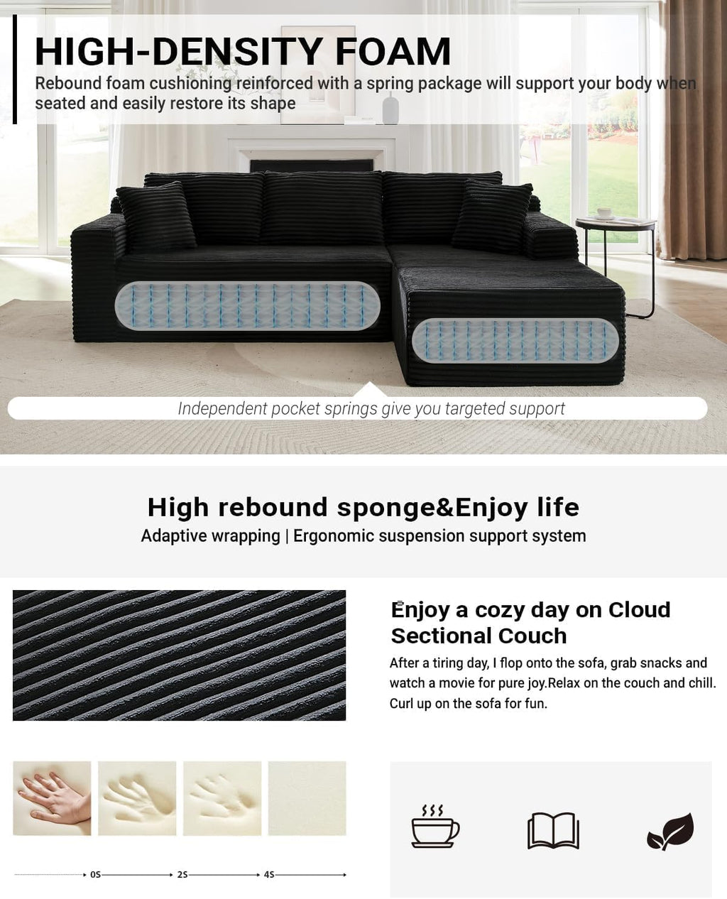 Cloud Couch Sectional, L Shaped Boneless Couch Sectional Couches for Living Room, Modern Comfy Corduroy Fluffy Modular Sofa with Deep Seat, No Assembly (Black, Right Facing Chaise)