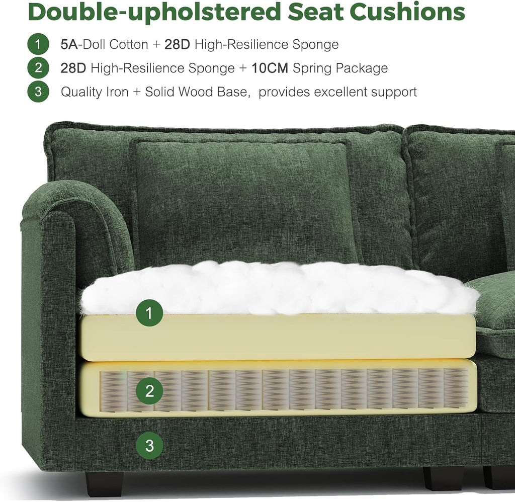 ELUCHANG 116' U Shaped Modular Sectional Cloud Couch with Pillow, Deep Seat Sofa Couches for Living Room, 5-Seat Modern Sofa with Movable Ottoman, Chenille Green