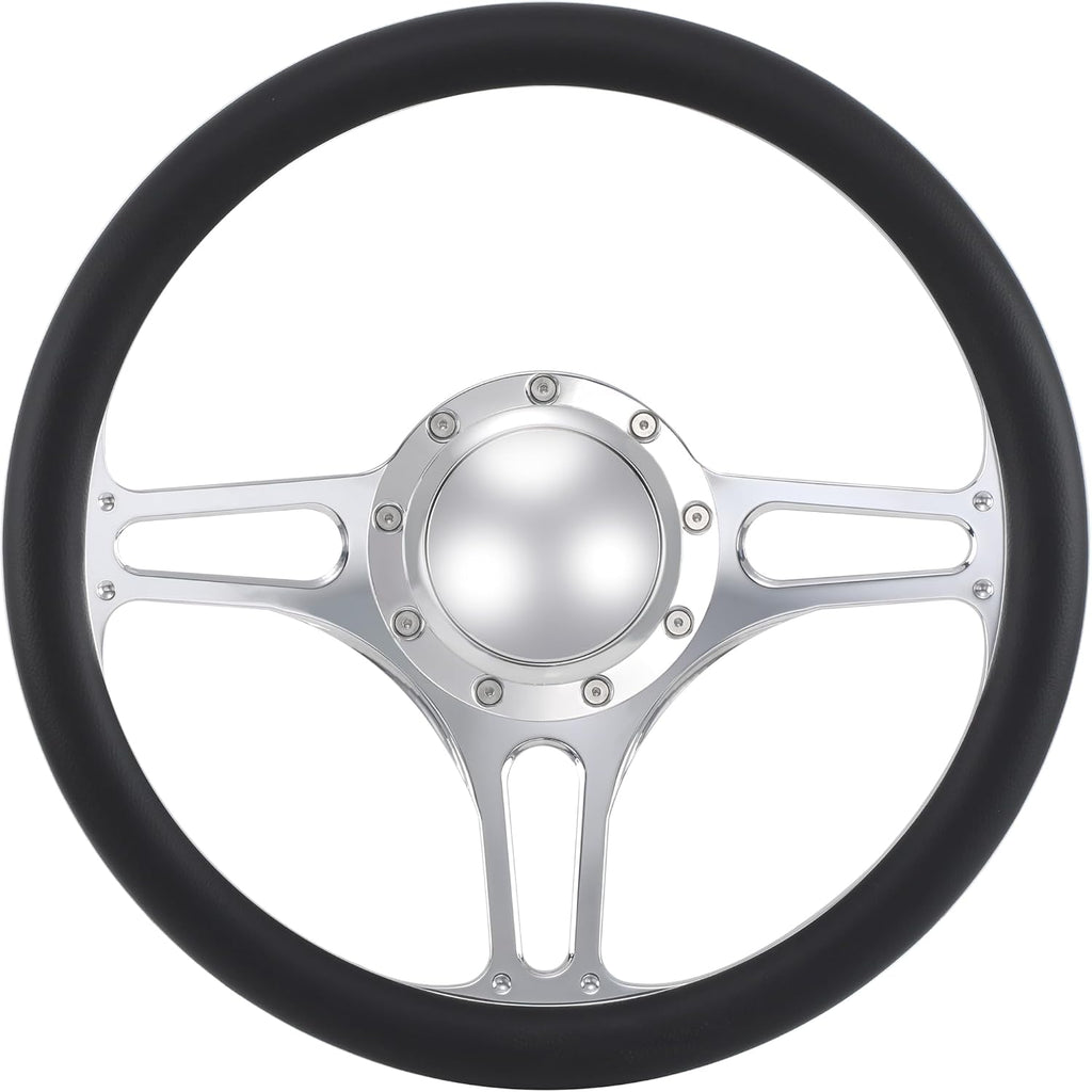 14' Polished Billet Steering Wheels Black Half Wrap with Horn Button