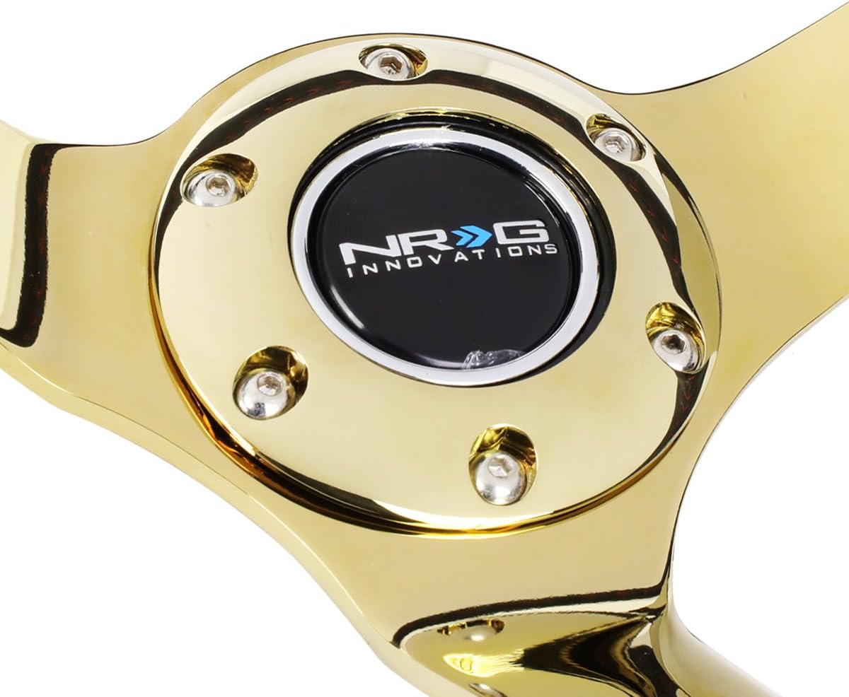 NRG Innovations NRG-RST-036GD Reinforced Steering Wheel - 350mm Sport Steering Wheel (3' deep) Black Leather with Red Baseball Stitching - Chrome Gold Spoke