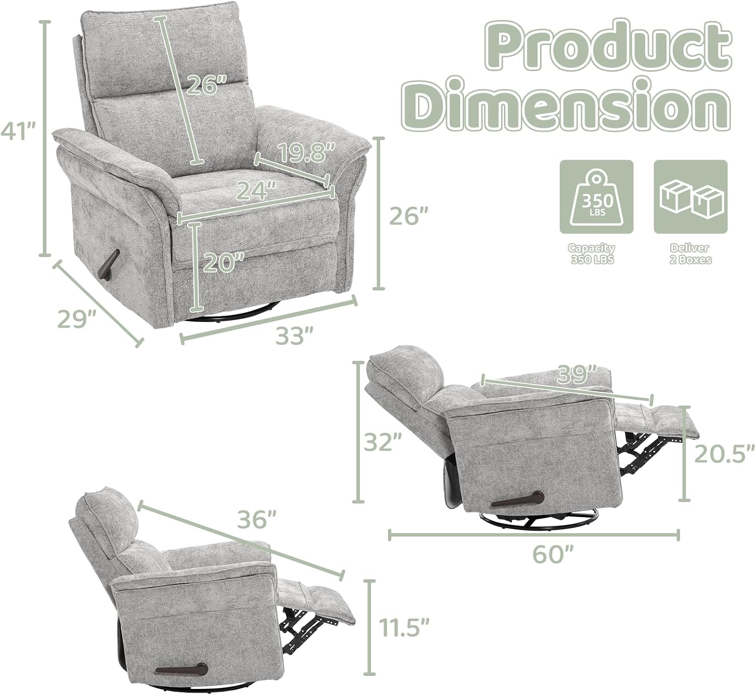 Swivel Rocker Recliner with Adjustable Headrest,Upholstered Glider Rocker Recliner with Overstuffed Armrest,Manual Recliner Nursery Chair for Living Room,Light Grey