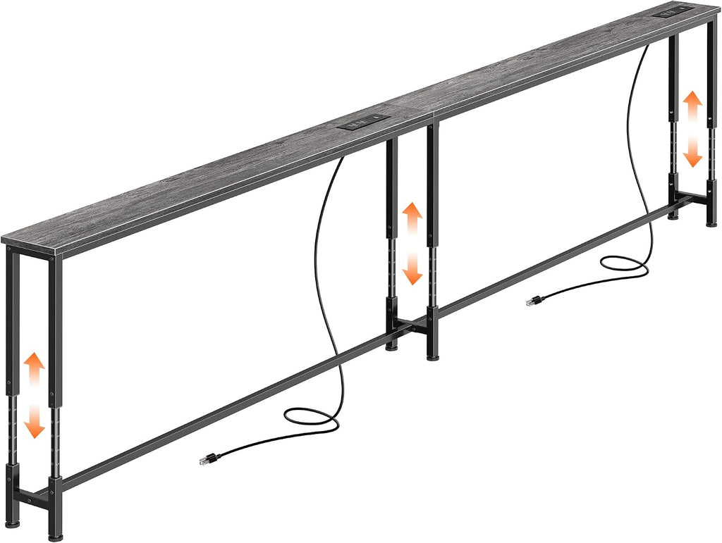 Huuger 102.4 Inch Sofa Table with Power Outlets, 23.9''-34.4'' Height Adjustable Range, Behind Couch Table with USB-C Ports, Sofa Tables Narrow Long, Skinny Console Table, for Small Spaces, Grey