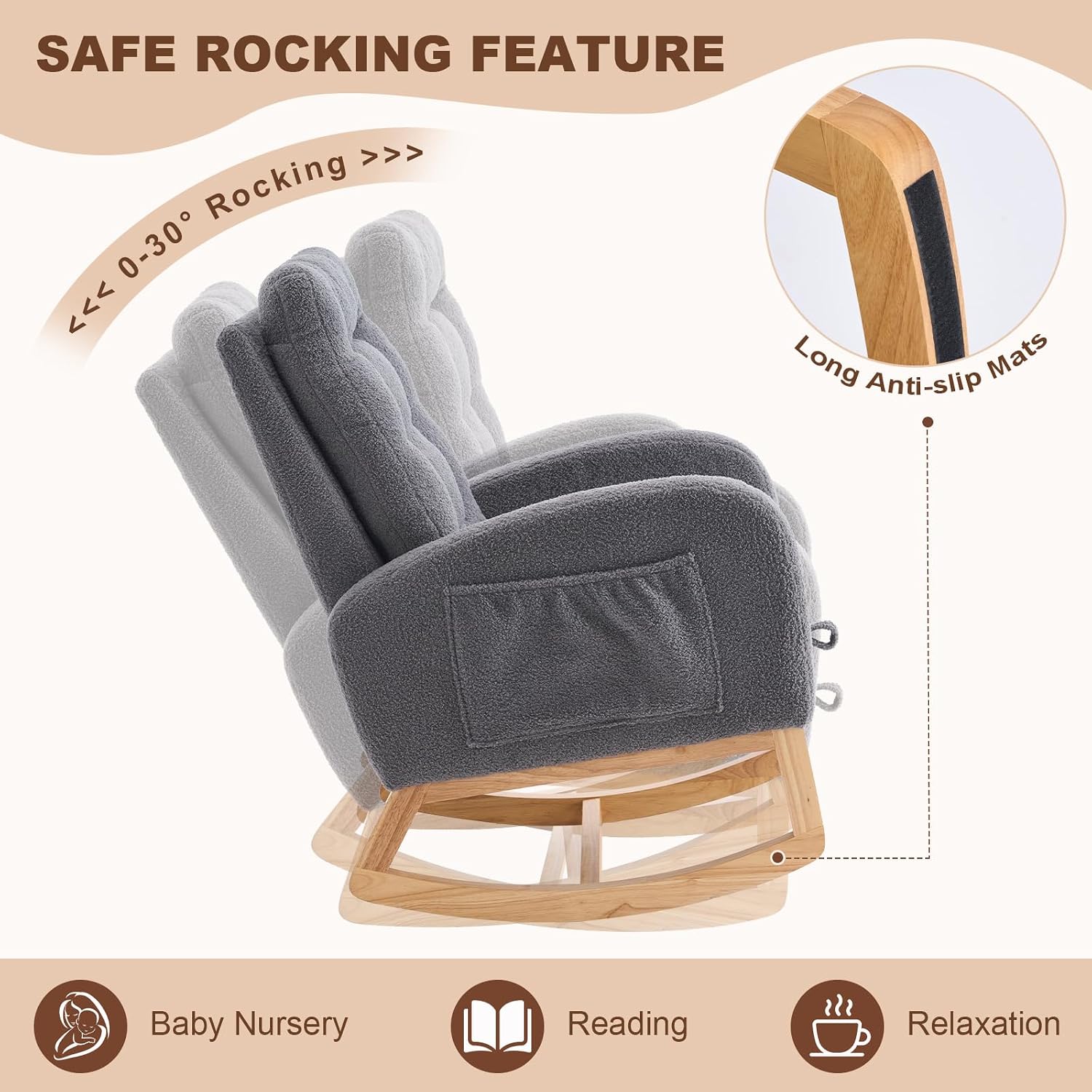Nursery Rocking Chair,Rubber Wood Base Glider Rocking Chair with Adjustable Footrest and Side Pocket,Teddy Fleece Glider Rocker for Living Room, Bedroom (Teddy Fleece, Dark Gray)