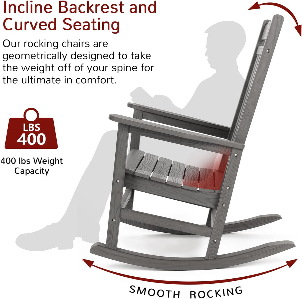 Stoog All-Weather Outdoor & Indoor Rocking Chairs Set of 2 with Table, 3 Piece Front Porch Rocker Set, 400Lbs Support Porch Rocker for Backyard, Lawn, Garden and Fire Pit, Grey