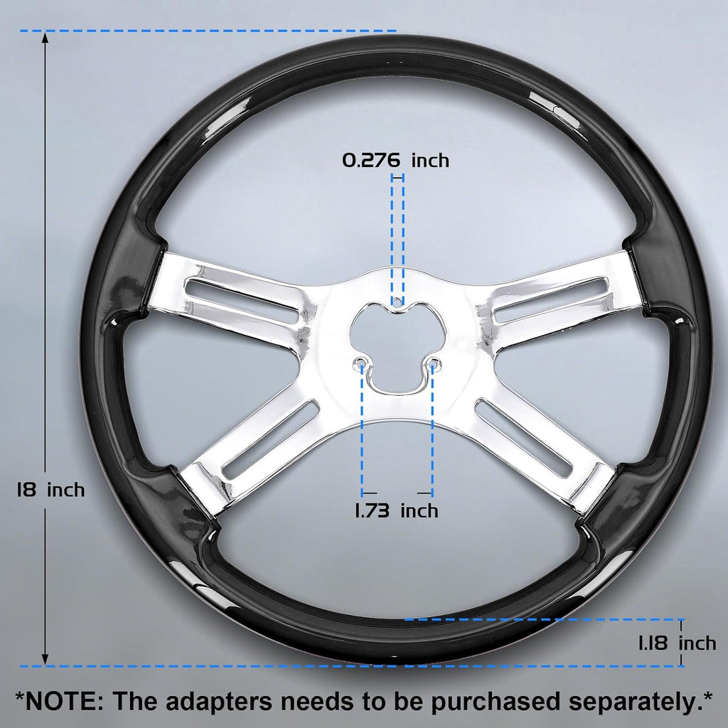 Sorghum 18' Solid Wood Steering Wheel - 4 Spokes Aluminum Chrome Classic Steering Wheel with Horn Button for Semi-Trailers Trucks Compatible with Mack Kenworth Peterbilt Volvo Freightliner-Black