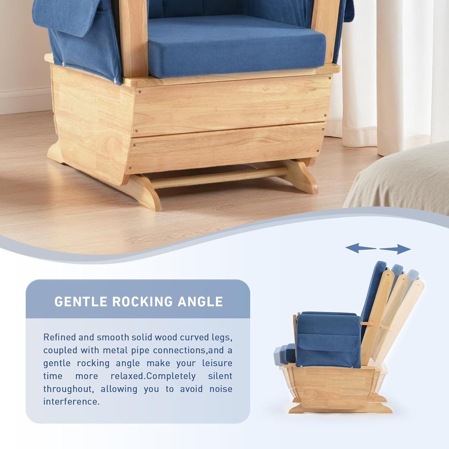 Solid Wood Nursery Glider Rocking Chair, Nursing Rocker Chair with Padded Cushion Armrest, Silent Smooth Rocking Motion for Indoor Living Room Napping Reading, Natural Wood + Light Blue