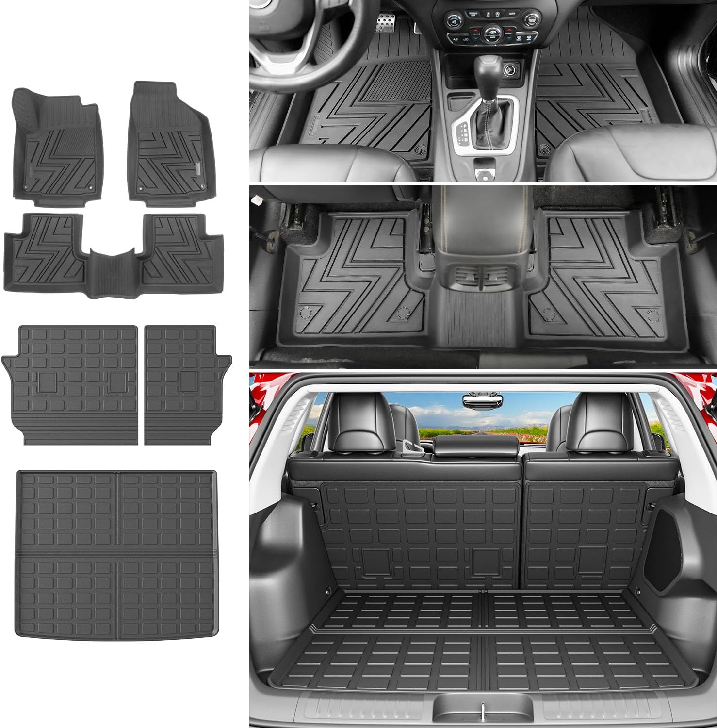 powoq Floor Mats Compatible with 2019-2023 Jeep Cherokee Cargo Mat Floor Liner Replacement for 2019-2023 Jeep Cherokee Accessories (Not for Grand Models) (Trunk Mat+Backrest Mat+Floor Mats)