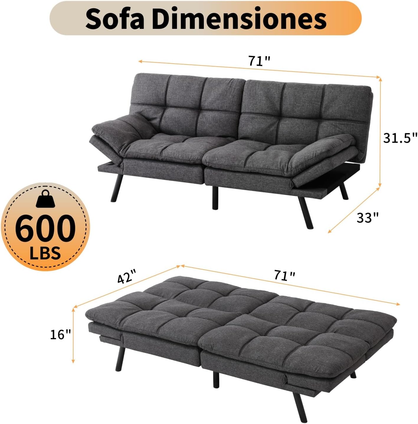 MUUEGM 71' Futon Sofa Bed, Cozy Convertible Loveseat Sleeper, Linen Fabric Couch with Adjustable Back & Arms for Living Room, Guest Room - Charcoal
