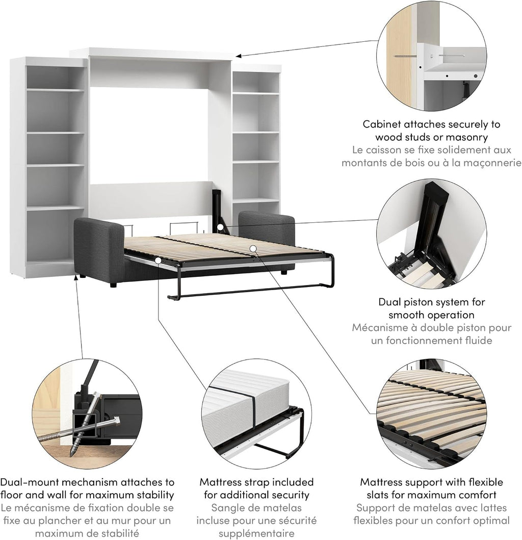 Bestar Pur Queen Murphy Bed with Sofa and Shelving Units, 115-inch Space-Saving Wall Bed