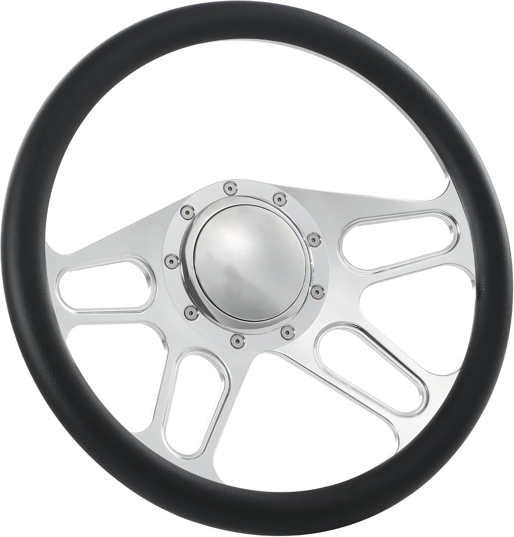 14'' Billet 4-Slot Half Wrap 9 Bolts Steering Wheel with 2'' Dish and Horn Button Compatible with Chevy, Ford, GM (Black)