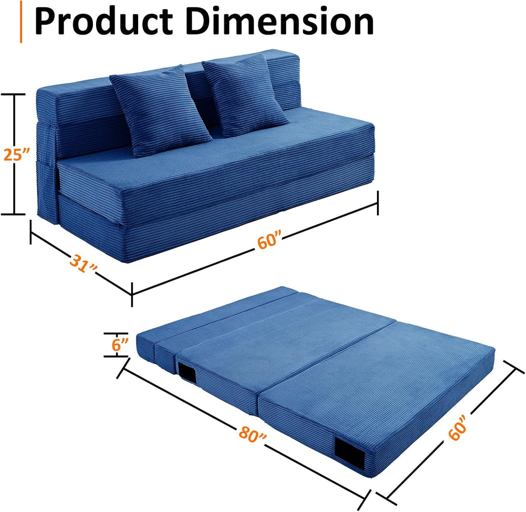 JKMAX Queen Size Folding Sofa Bed - 4 in 1 Convertible Sleeper Chair with Two Pillows - High Density Memory Foam Futon Couch - Foldable Bed for Living Room Bedroom (Blue)