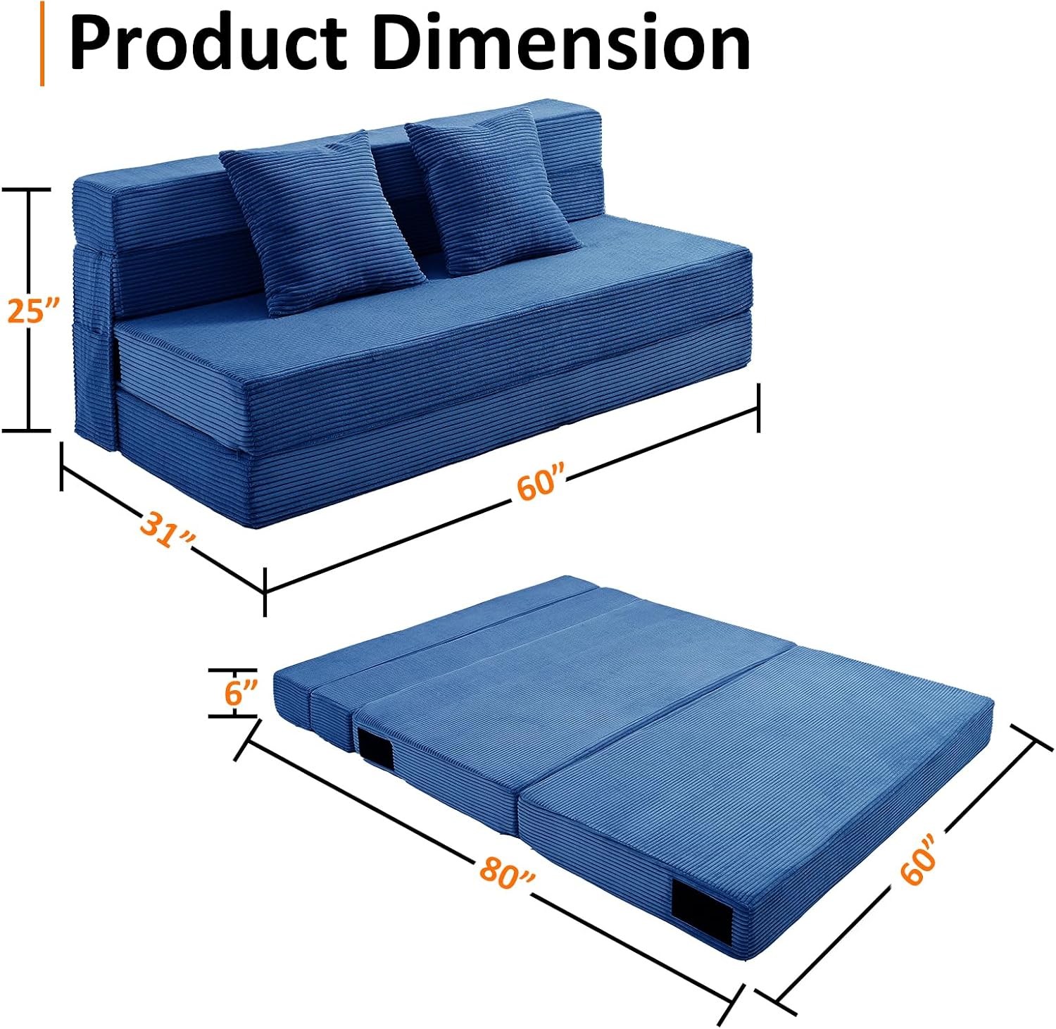 JKMAX Queen Size Folding Sofa Bed - 4 in 1 Convertible Sleeper Chair with Two Pillows - High Density Memory Foam Futon Couch - Foldable Bed for Living Room Bedroom (Blue)