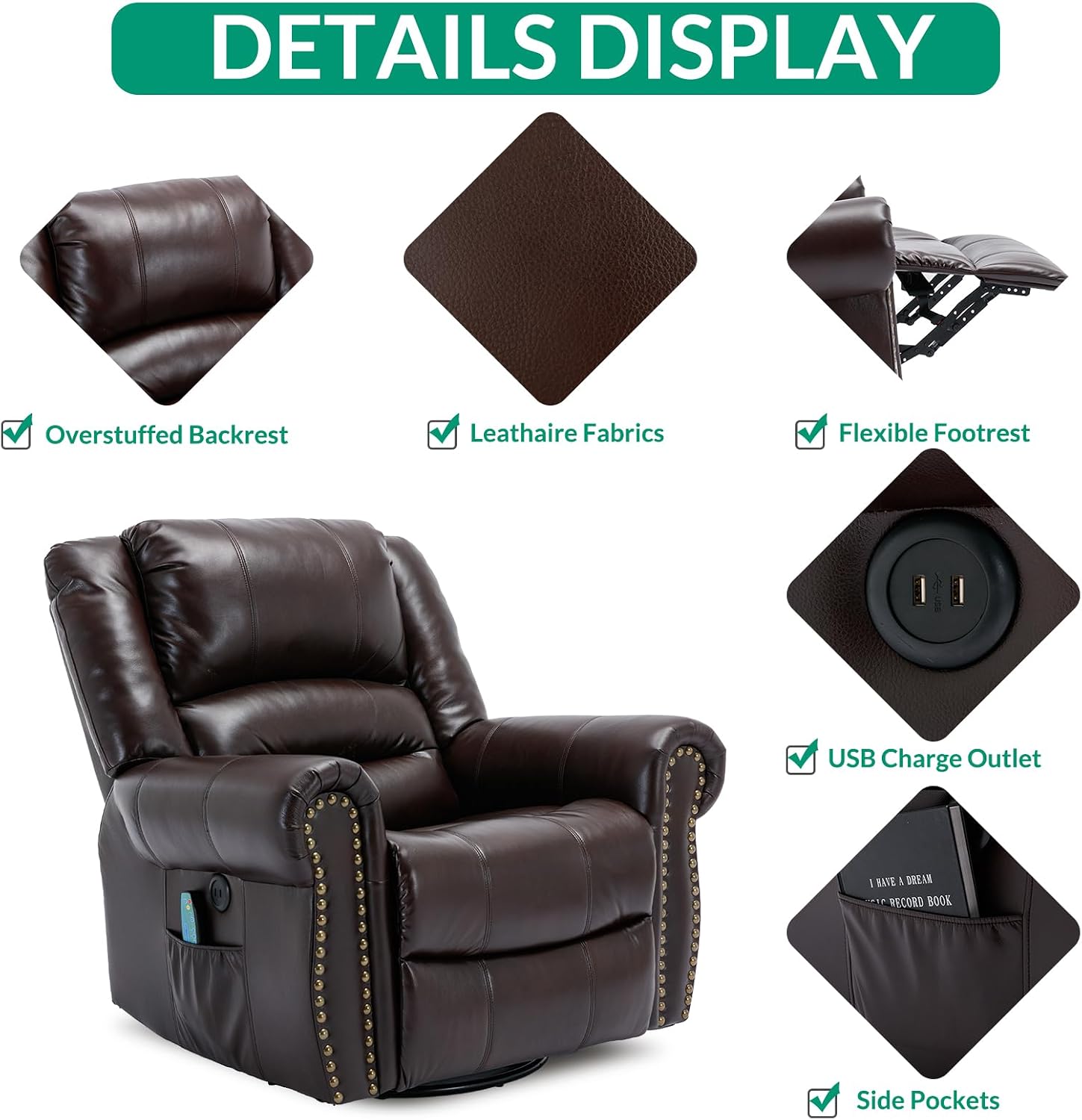 VIVIJASON Massage Swivel Rocker Recliner Chair with Heat & Vibration, 360° Swivel Manual Glider Rocking Reclining Chair with Remote Control, Side Pockets & USB Ports for Living Room, Brown