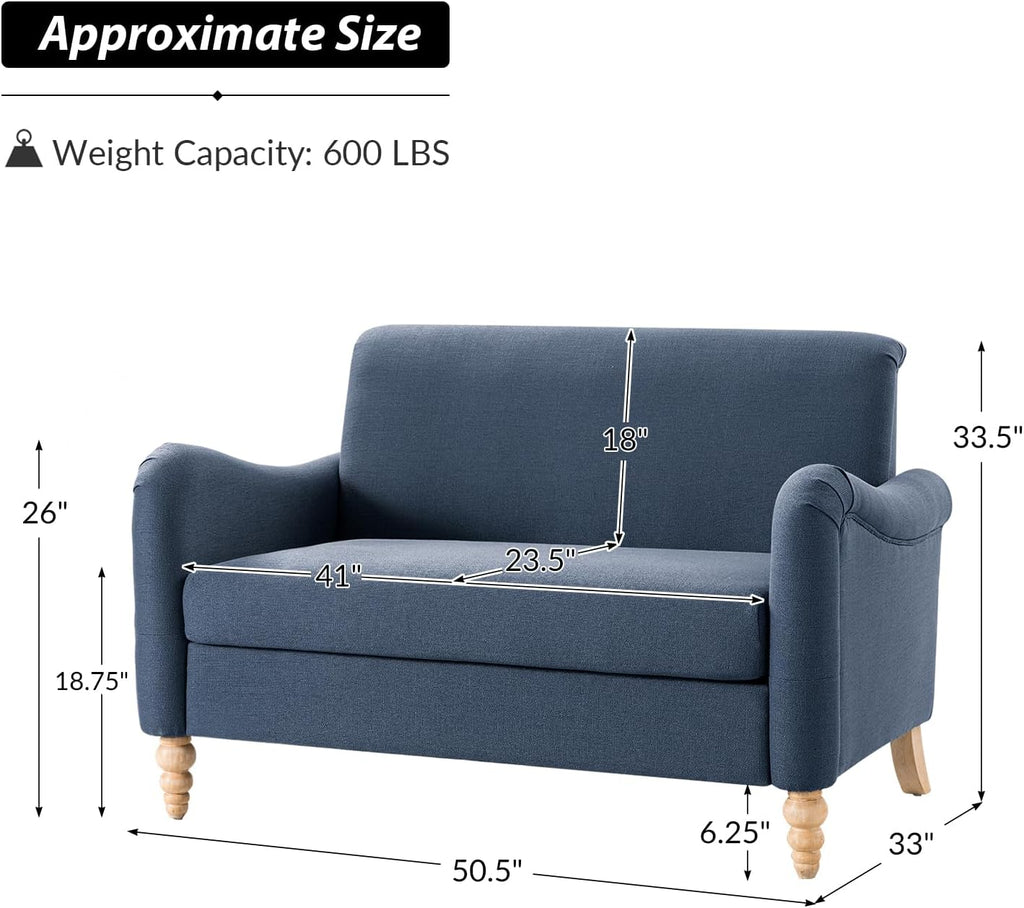 HULALA HOME 50.5' Loveseat Sofa with Stripe Pattern, 2 Seater Farmhouse Sofa with Rolled Wide Armrests and Rubber Wood Legs, Comfy Upholstered Small Couch for Living Room Bedroom, Navy