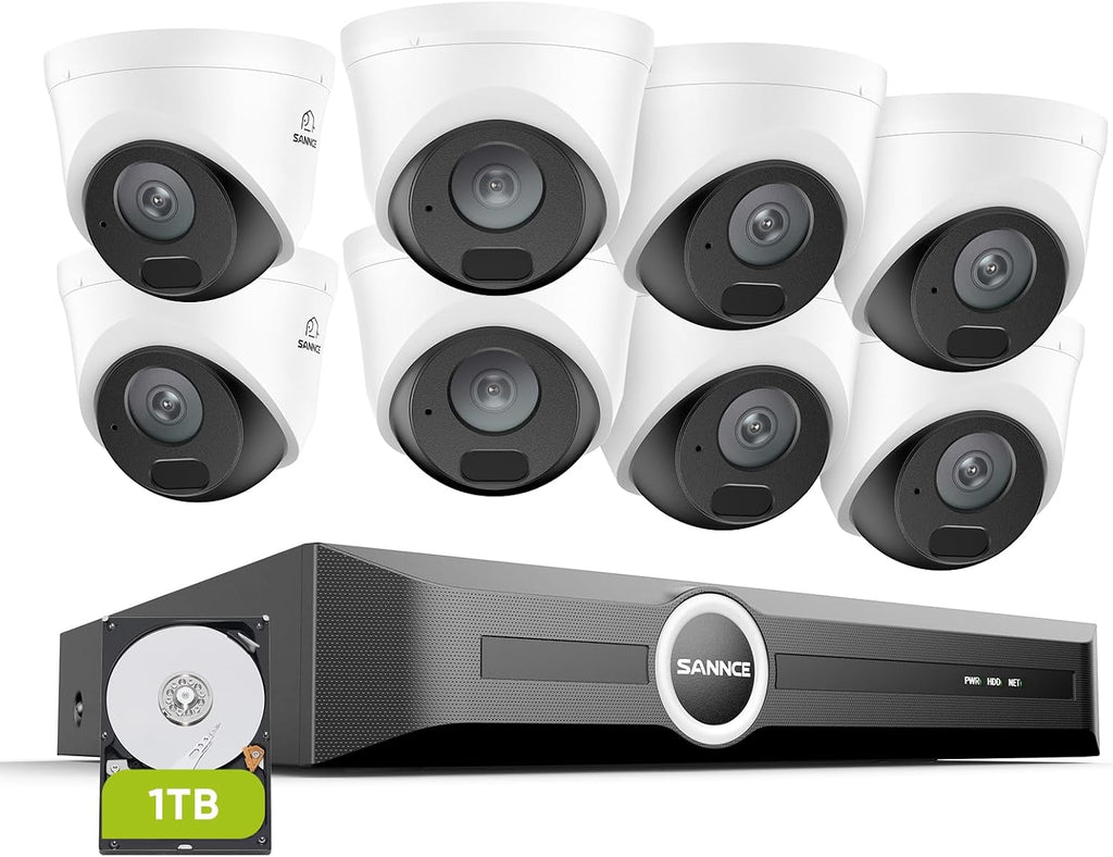 SANNCE 2K 3MP PoE Security Camera System - 8CH 6MP NVR with 8PCS 3MP HD Weatherproof Dome Surveillance Cameras with H.265 Video Compression, Smart IR LED, APP Push Alert, Remote Access (1TB HDD)