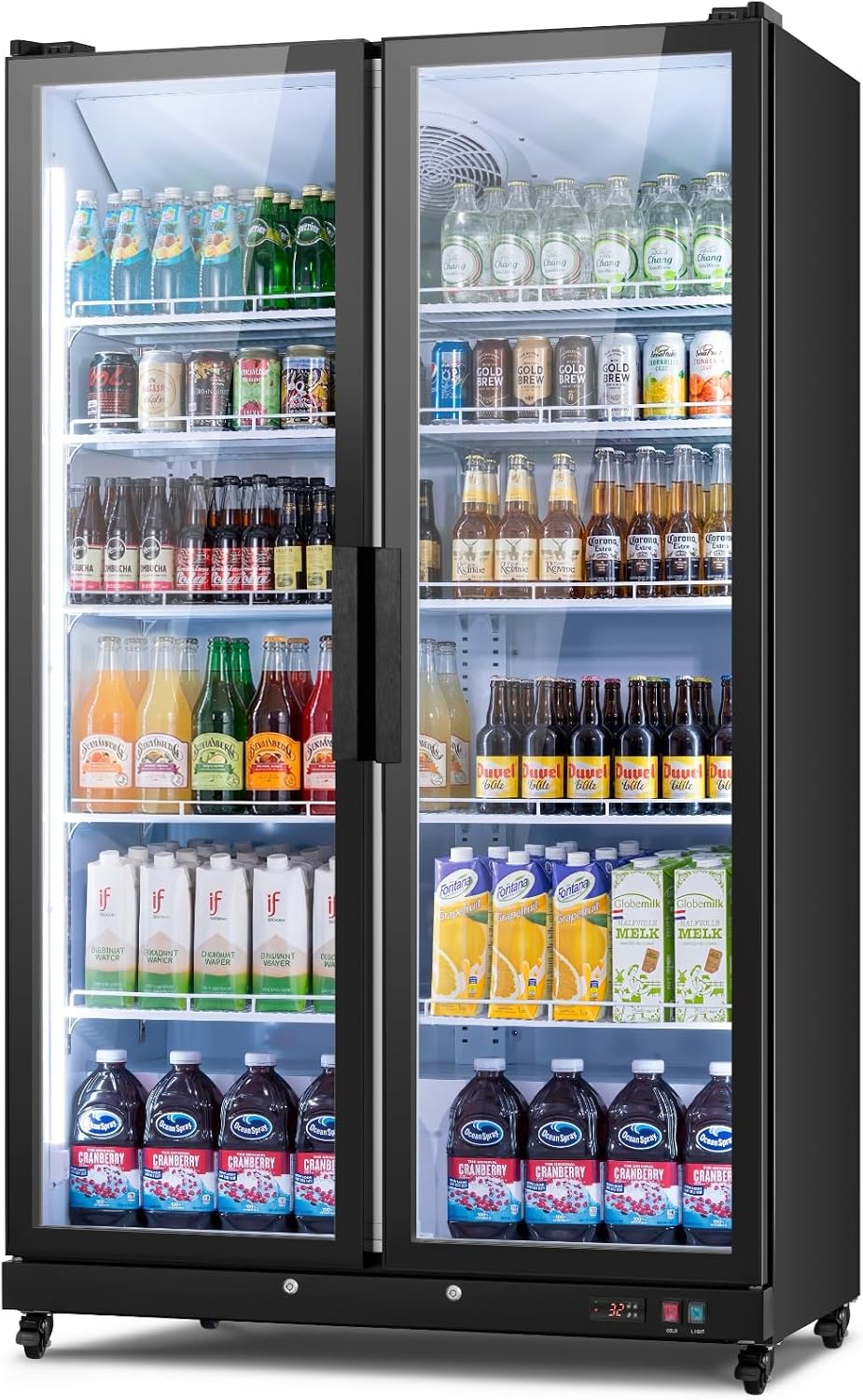 Yeego Commercial Refrigerators - 27.1 Cu.Ft 2 Glass Doors Commercial Beverage Refrigerator with LED Light & Adjustable Shelves, 32-50°F Commercial Cooler for Stores Bakery Bar Offices Restaurants