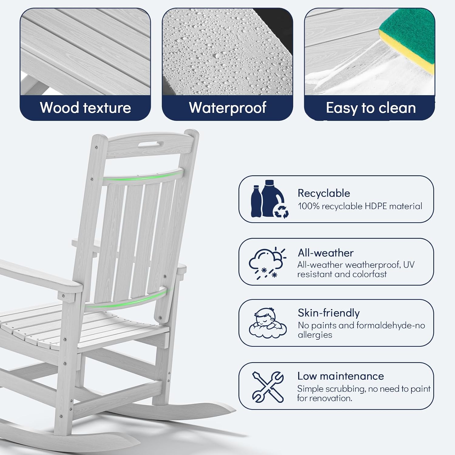 Plawdlik Oversized HDPE Outdoor Rocking Chair - 380 lbs Capacity, All - Weather, Ergonomic for Patio & Backyard,White