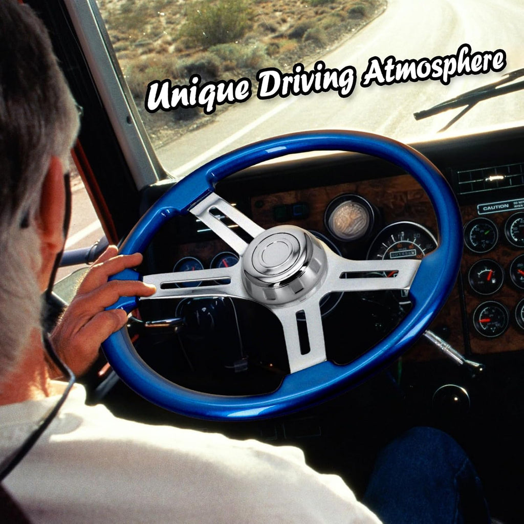 Sorghum 18' Solid Wood Steering Wheel - 4 Spokes Aluminum Chrome Classic Steering Wheel with Horn Button for Semi-Trailers Trucks Compatible with Mack Kenworth Peterbilt Volvo Freightliner-Blue