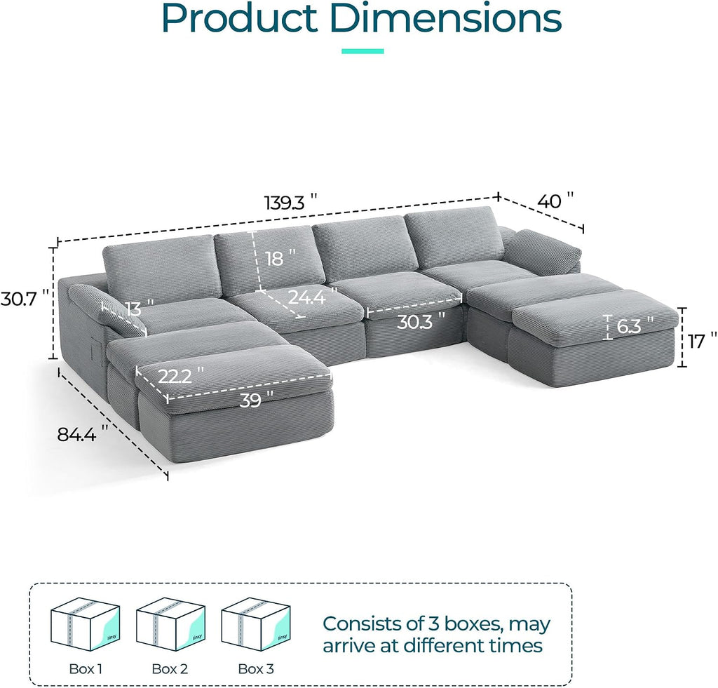 LINSY HOME 139' Modular Couch Modern Boneless Cloud Couch, U Shaped Sofa with Movable Ottomans, Deep Seat Corduroy Sectional Couches for Living Room, Apartment, No Assembly Required, Grey