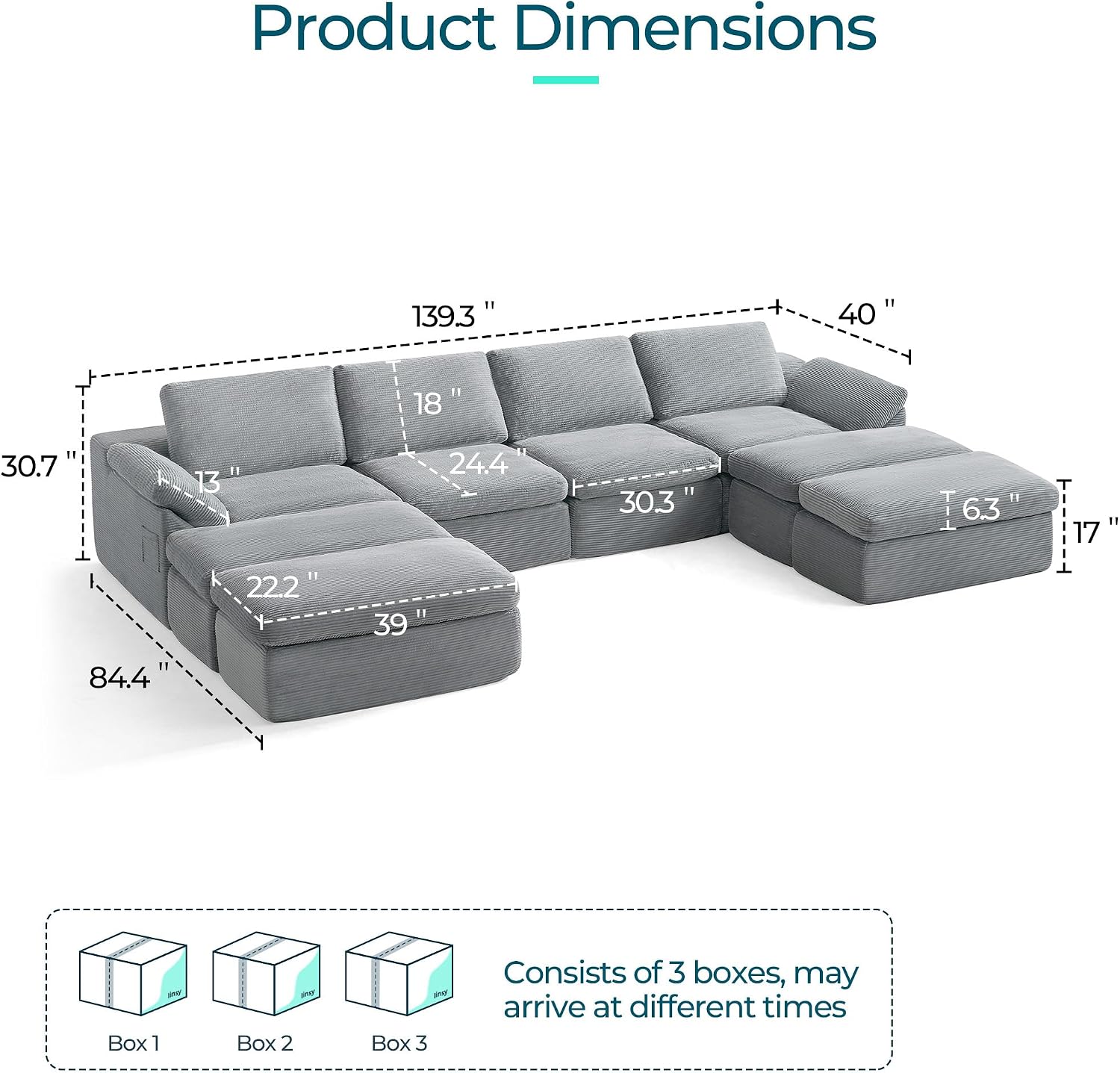LINSY HOME 139' Modular Couch Modern Boneless Cloud Couch, U Shaped Sofa with Movable Ottomans, Deep Seat Corduroy Sectional Couches for Living Room, Apartment, No Assembly Required, Grey