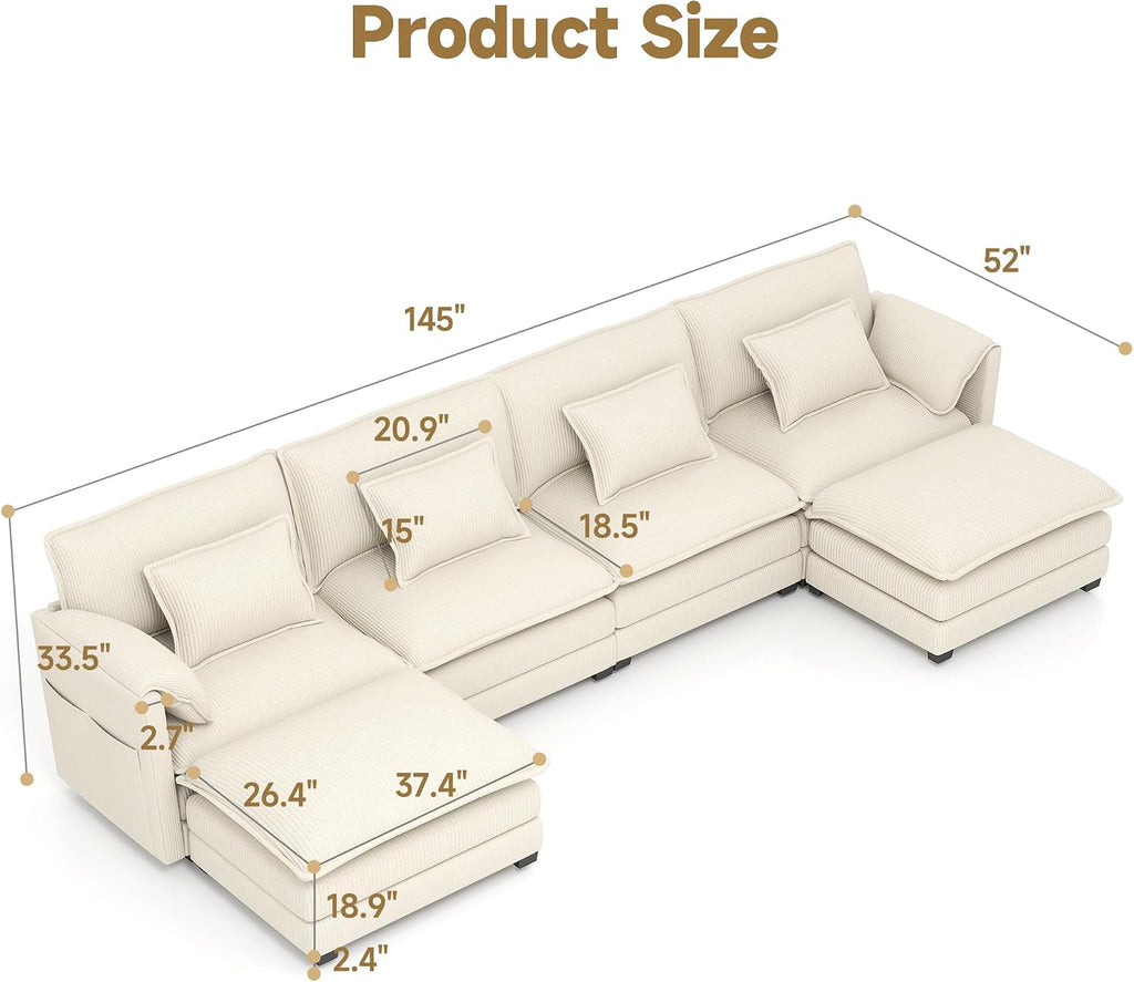 Real Relax 145'' Modular Sectional Sofa, U Shaped Corduroy Convertible Couch with Movable Ottoman 8 Pillows and 2 Armrest Pillows for Living Room, Office and Leisure Places, Beige
