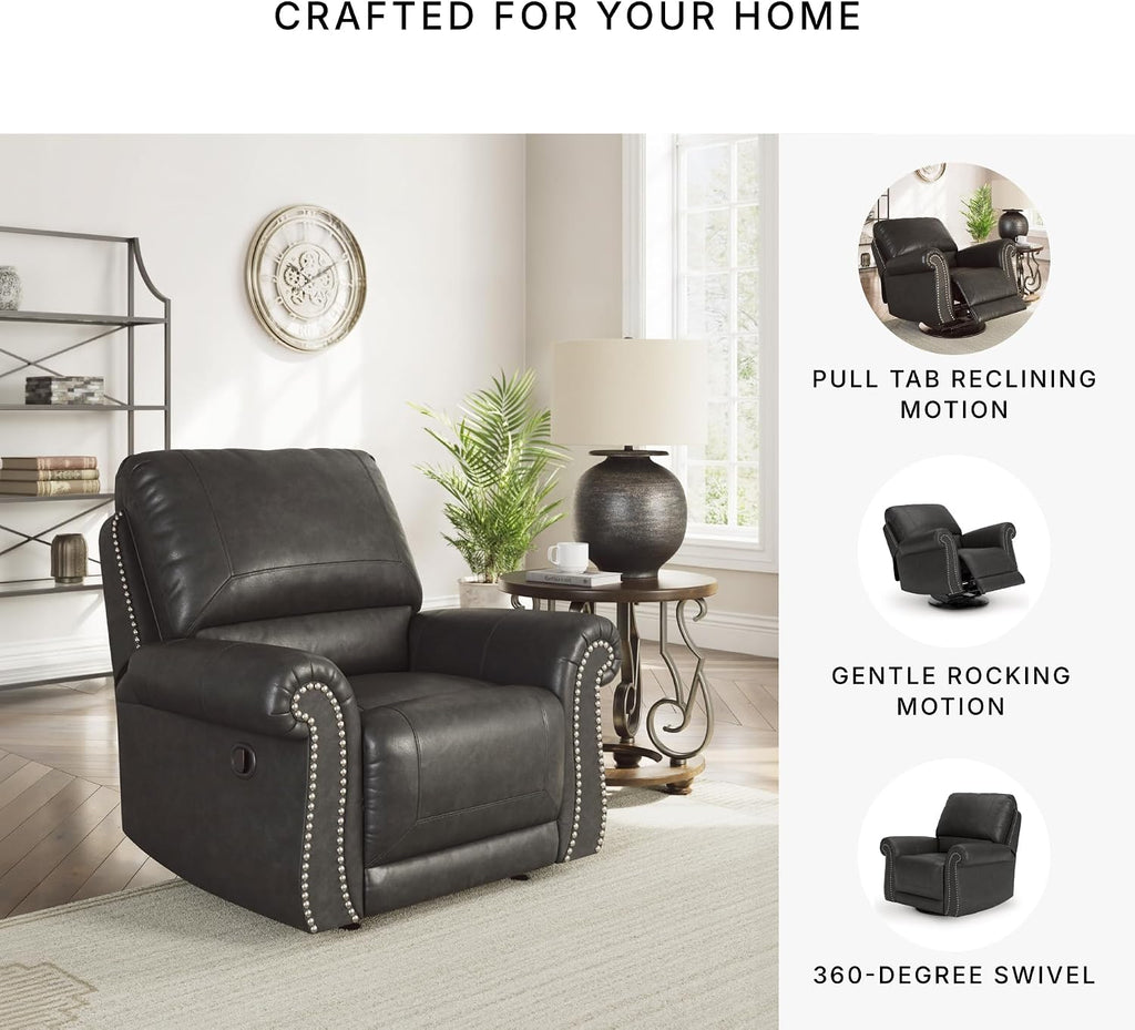 Signature Design by Ashley Shadsburne Classic Faux Leather Manual Rocker Swivel Glider Recliner with Nailhead Trim, Reinforced Frame and Metal Seat Box, 360-Degree Swivel, Black
