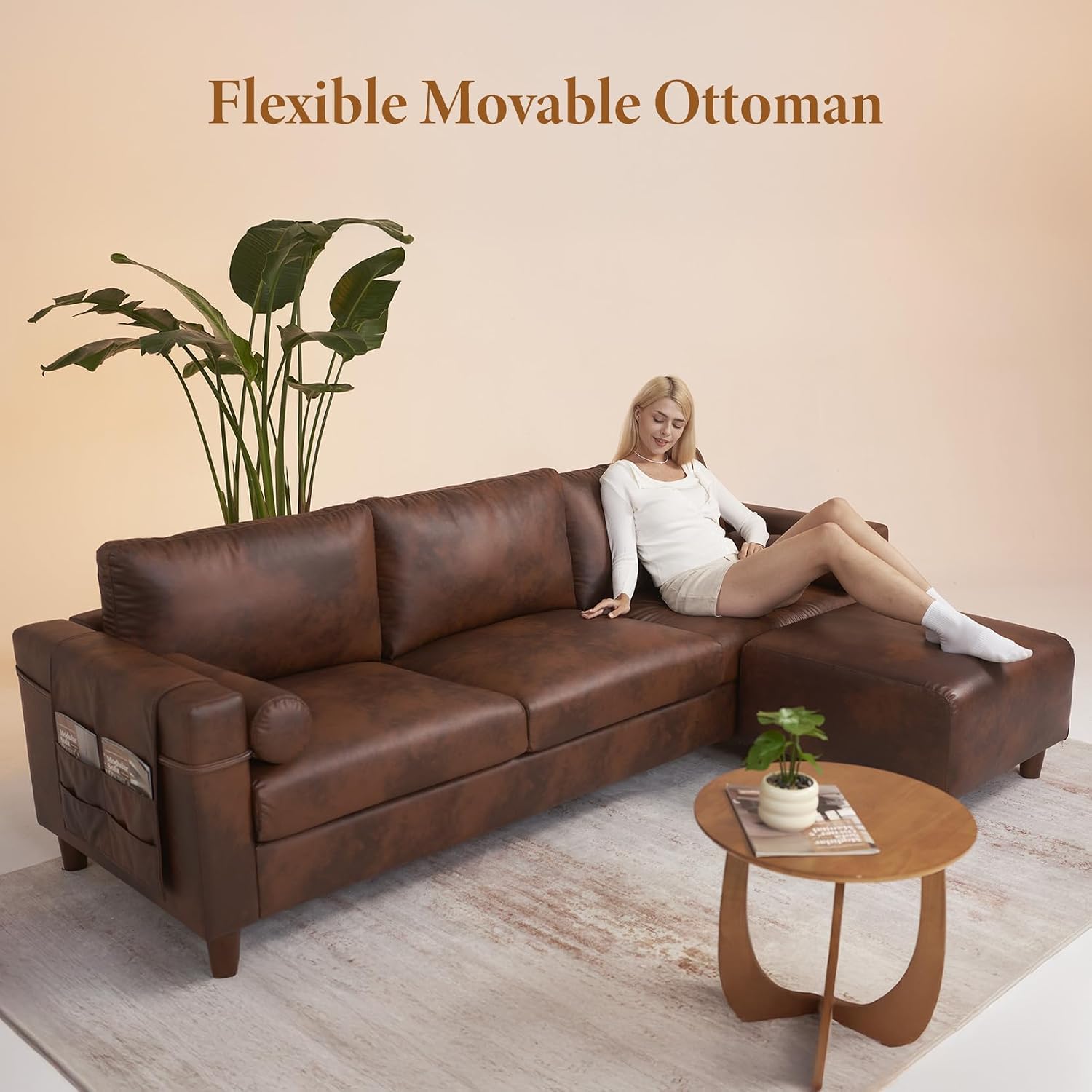 Vesgantti 100' L Shaped Faux Leather Couch with Movable Ottoman, 3 Seater PU Leather Sectional Sofa with Side Pocket, Mid Century Modern Modular Couch for Living Room, Bedroom, Chocolate