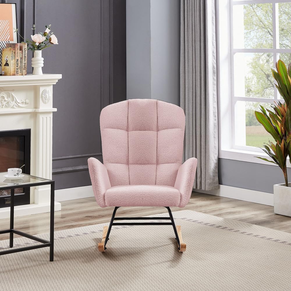 hansones Nursery Rocking Chair,Upholstered Glider Chair with High Backrest Armchair Chair for Living Room Bedroom Offices (Pink Teddy)