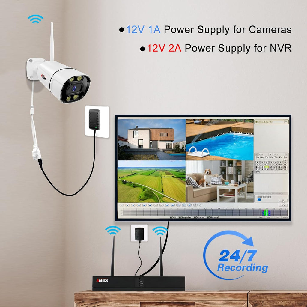 4K WiFi Security Camera System, 4X 3MP Plug-in Home Security Cameras 24/7 Recording, Dual Warning 8 Channel 265+ WiFi NVR, NO Hard Drive, 2 Way Audio, AI Detection, Color Night Vision