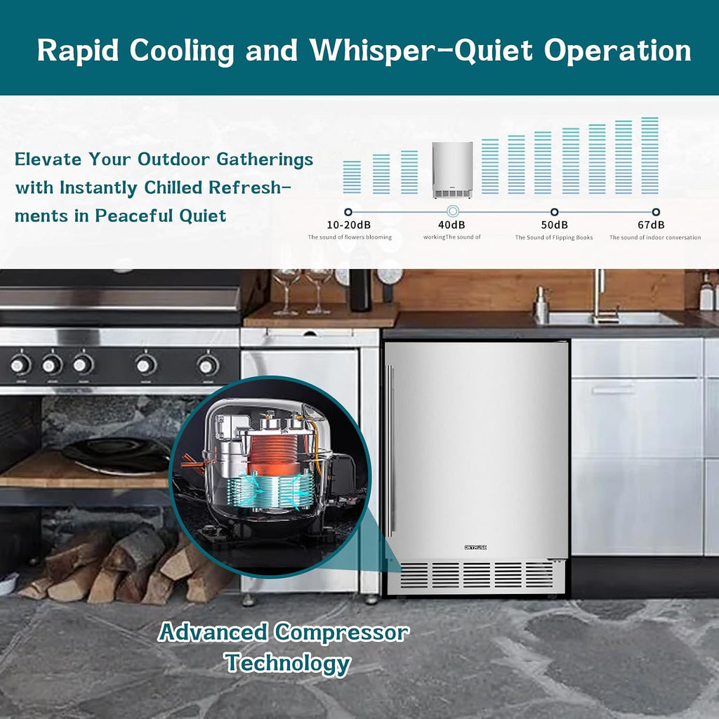 ORYMUSE 24' Outdoor Beverage Cooler Fridge - Undercounter Refrigerator, Stainless Steel Seamless Door - Holds 180 Cans, Powerful Cooling Compressor - Patio Kitchen, Commercial Use