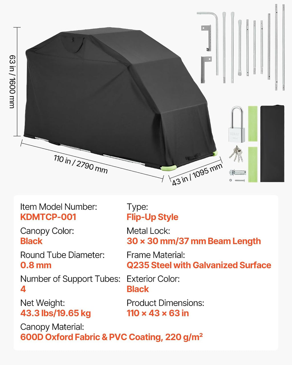 VEVOR Motorcycle Storage Shelter 110 x 43 x 63 in with Security Lock, 600D Oxford Flip-Up Garage Tent, Heavy-Duty All-Weather Motorcycle Cover Shed with 2 Side Windows, Outdoor Vehicle Shelter, Black