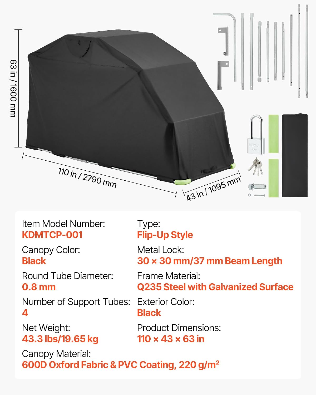 VEVOR Motorcycle Storage Shelter 110 x 43 x 63 in with Security Lock, 600D Oxford Flip-Up Garage Tent, Heavy-Duty All-Weather Motorcycle Cover Shed with 2 Side Windows, Outdoor Vehicle Shelter, Black