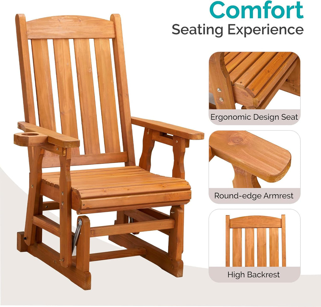 VINGLI Wooden Patio Glider, Heavy Duty 600 LBS Outdoor Glider with Cup Holders, Single Wooden Glider Bench with High Backrest for Garden, Yard, Patio, Teak