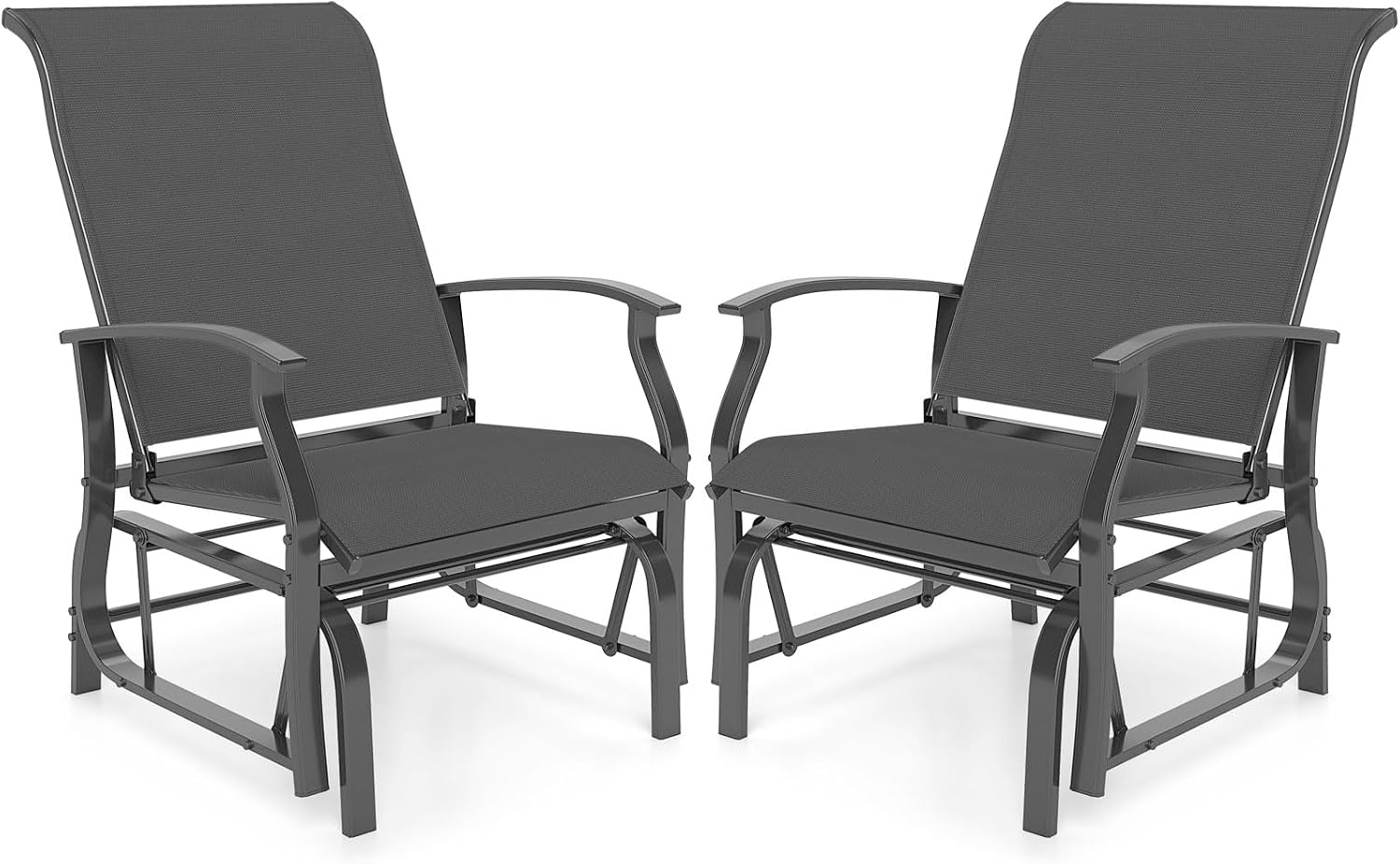 Tangkula Porch Gliders Set of 2, Outdoor Swing Glider Chairs with High Back, Breathable Mesh Fabric and Metal Frame, Patio Rocking Chairs for Backyard Garden Balcony Poolside (Grey)