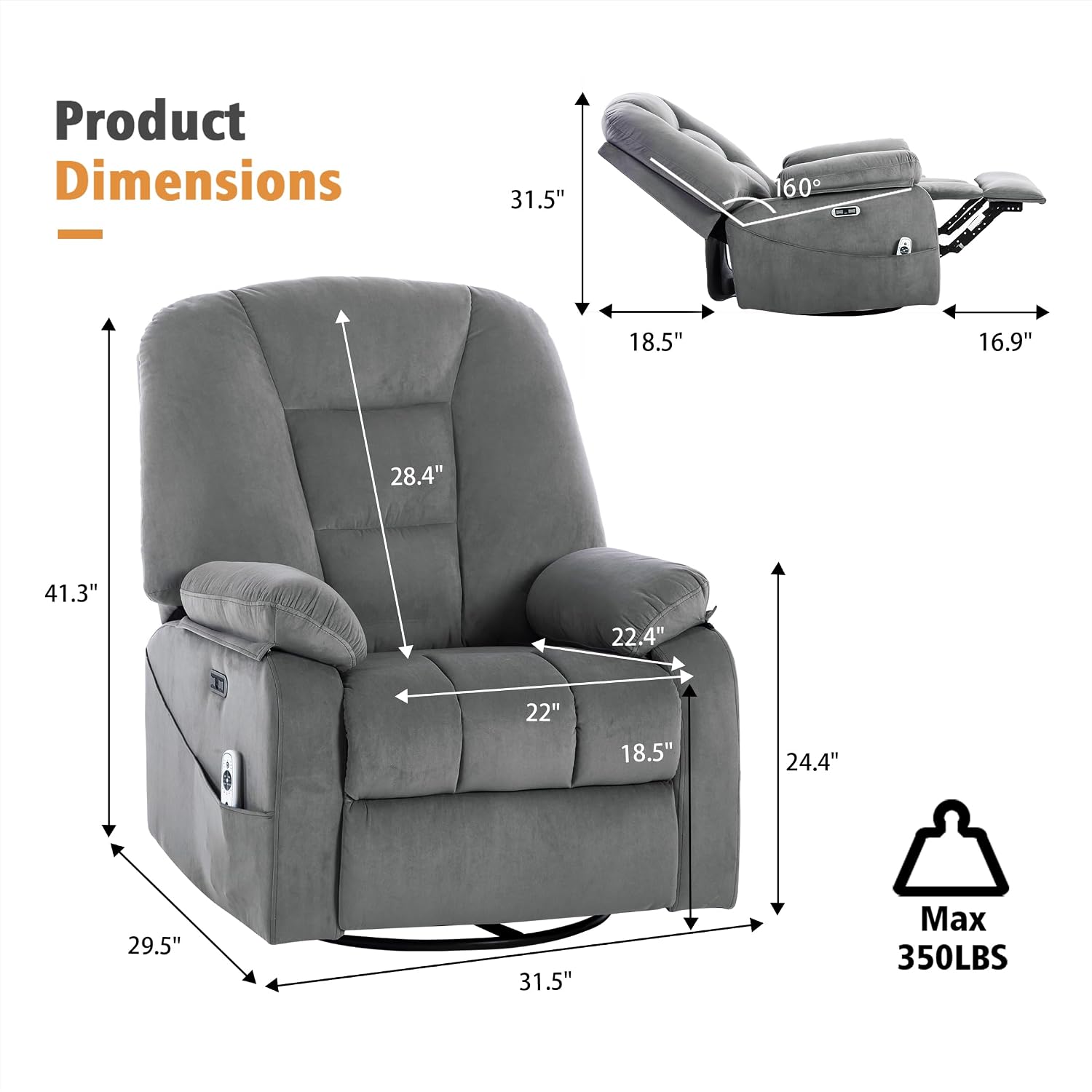 Ketaiyou Power Swivel Rocker Recliner with Massage and Heat, USB and Type-C Port, Infinite Position, Electric Glider Rocking Chairs Living Room, Soft Fabric Reclining Sofa Chair (Velvet Grey)