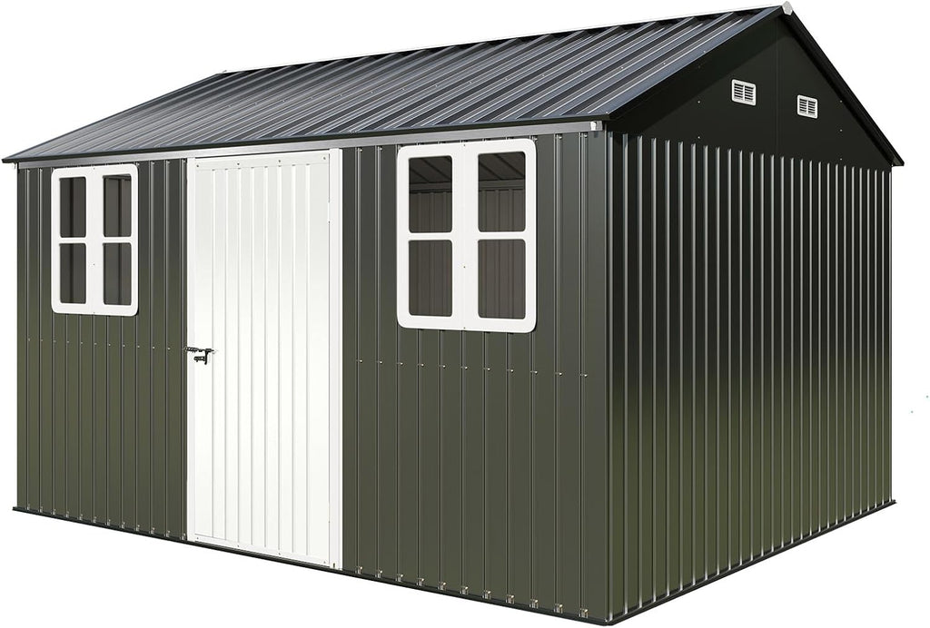 VanAcc 10 x 12FT Outdoor Storage Shed with a Lockable Hinged Door and 2 Windows, Nordic Cottage Metal Shed for Backyard, Garden, Patio, Dark Grey/White