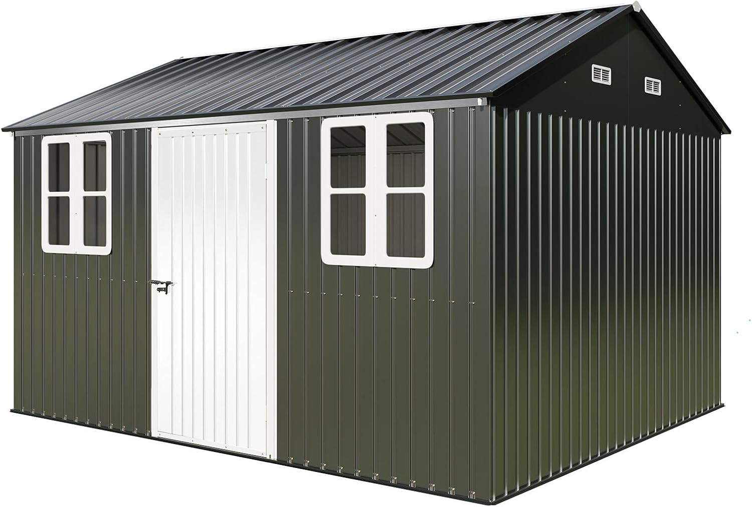VanAcc 10 x 12FT Outdoor Storage Shed with a Lockable Hinged Door and 2 Windows, Nordic Cottage Metal Shed for Backyard, Garden, Patio, Dark Grey/White