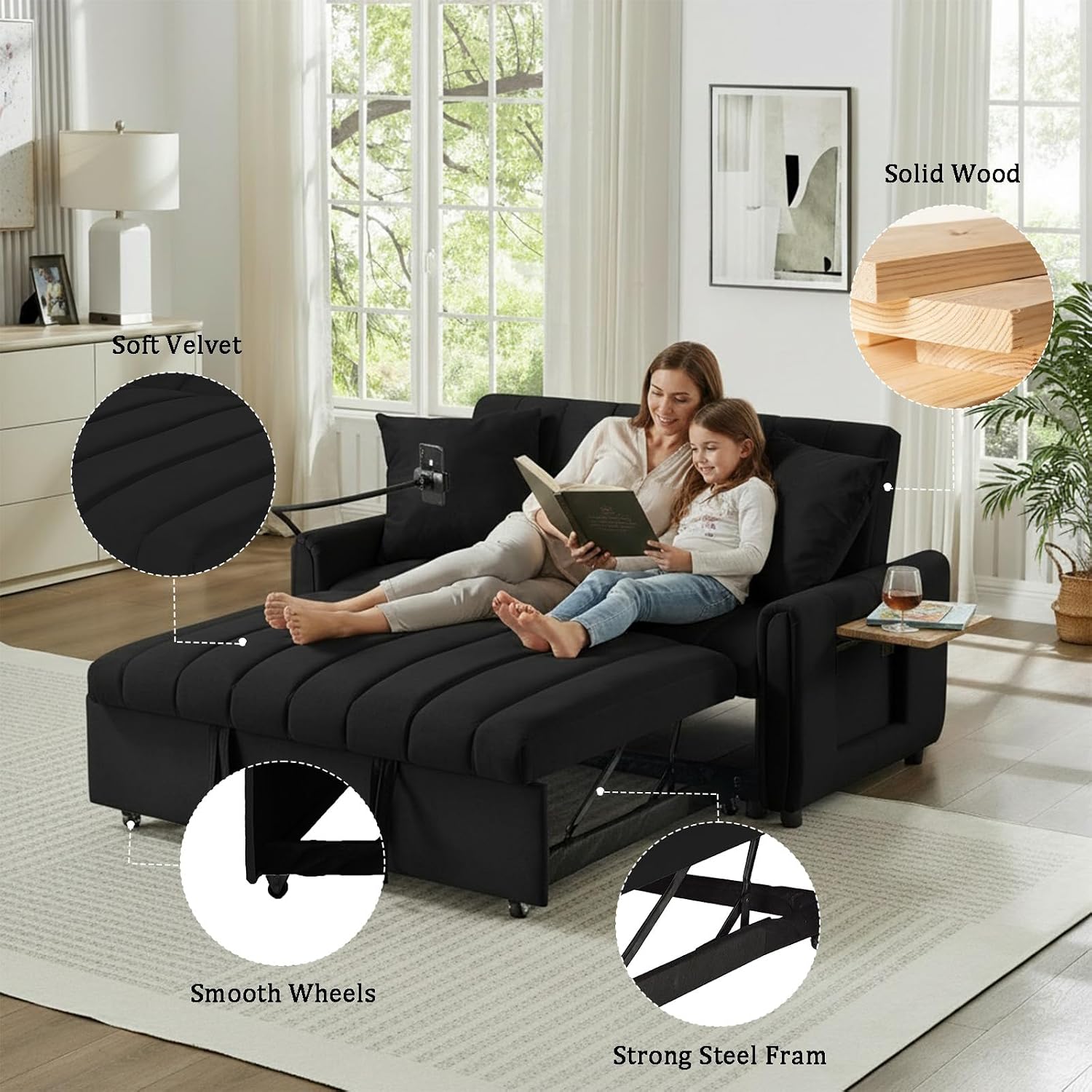 Convertible Sofa Bed, Pull Out Couch with 3-Position Reclining Backrest, Modern Velvet Upholstery Futon Sofa Bed, Loveseat Couch for Living Room, Apartments & Guest Rooms (Black-2)