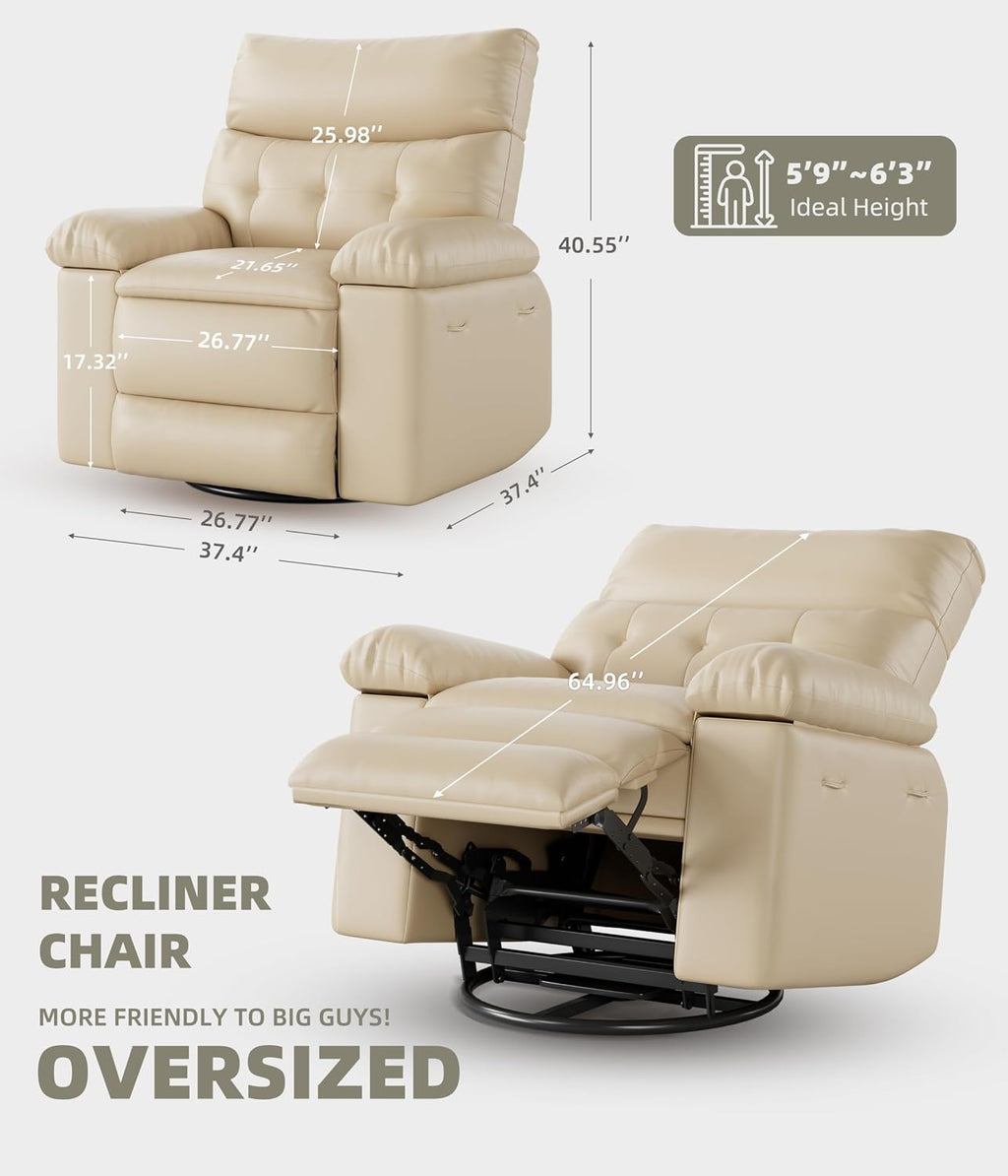 Oversized Recliner Chair with Heating & Massage, XL Faux Leather Nursery Rocking Chairs for Adults with Cup Holder and Side Pockets, Swivel Chair for Living Room, Bedroom Beige