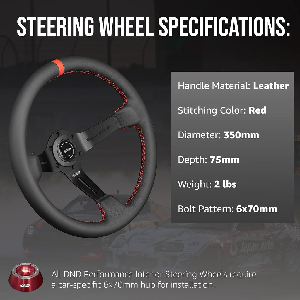 DND Performance Interior's Leather Race Steering Wheel / 350mm Diameter and 75mm Depth / 6x70mm Bolt Pattern/DND Leather Steering Wheel with Horn Button Included (Colored Stitching) (Red)