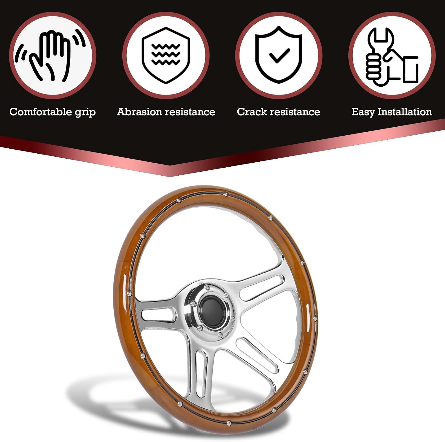 14inch Solid Wood Steering Wheel 350mm Deep Dish 70mm, 4-Spoke Chrome-Plated Aluminum Alloy, Universal 6-Bolt Steering Wheel for Classic Cars, Hot Rods, Muscle Car Vintage Car