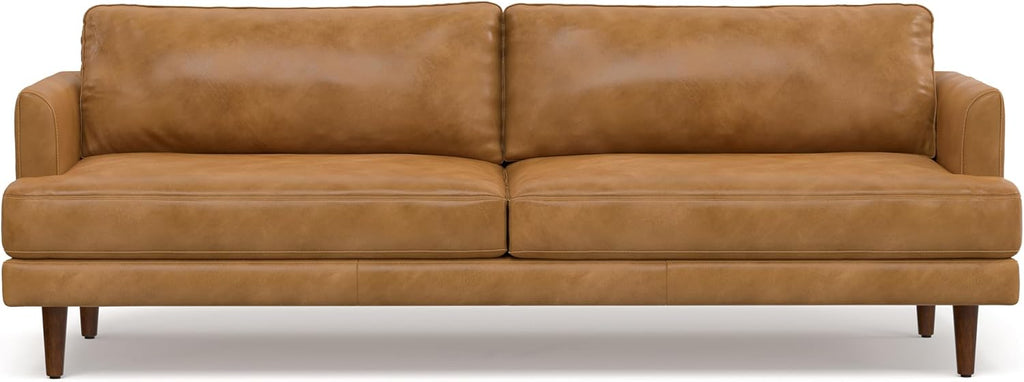SIMPLIHOME Livingston 90-inch Wide Sofa in Sienna Top Grain Genuine Leather, Handcrafted Mid-Century Modern Couch for Living Room, Large 3-Seater with Feather-Wrapped Cushions and Solid Wood Frame