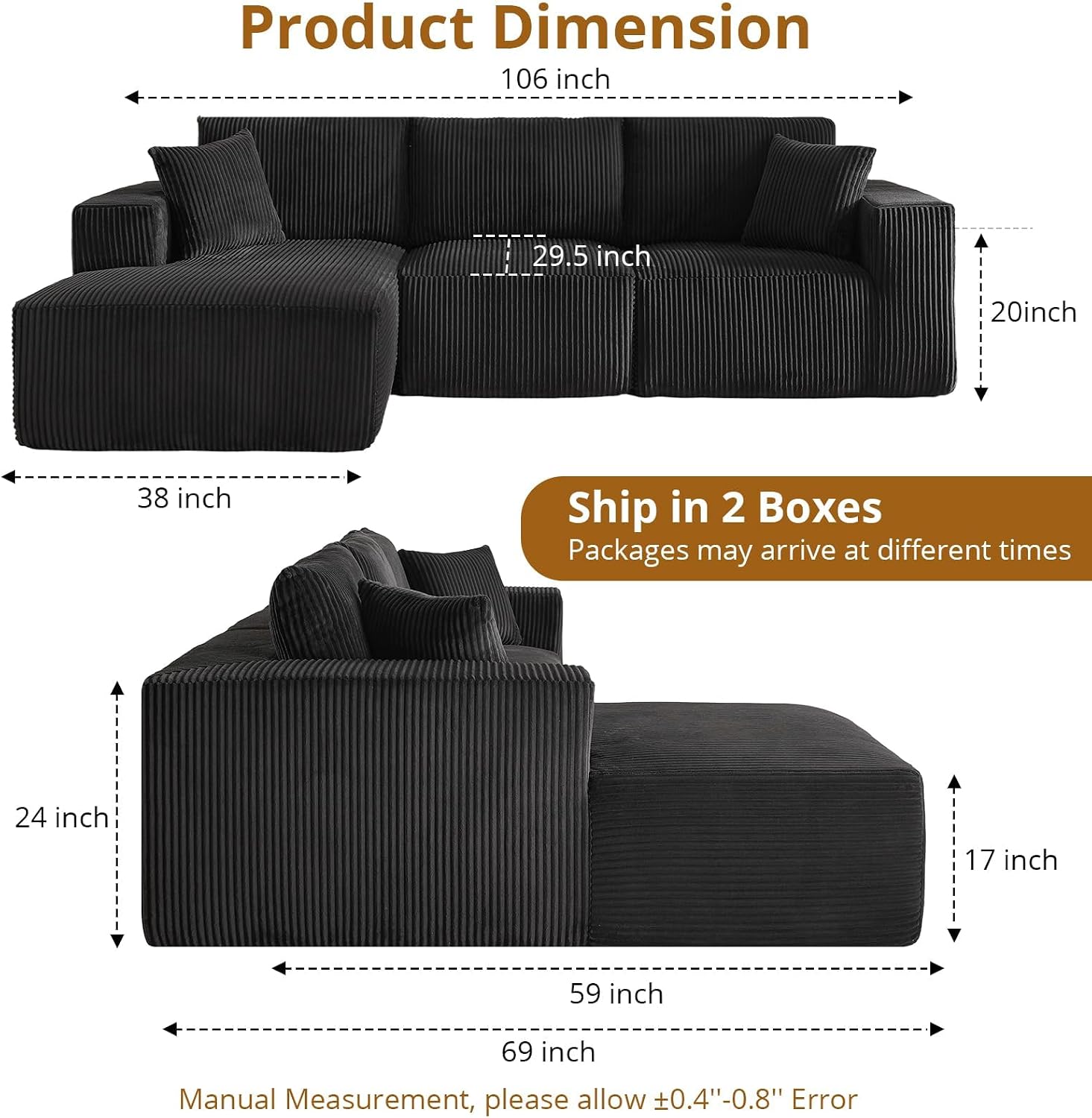 Garvee Boneless Cloud Couch 108' Sectional Modern Comfy l-Shape Convertible Compression Sleeper Modular Sofa with Corduroy Fabric Deep Seat Loveseat + Chaise for Living Room No Assembly Required